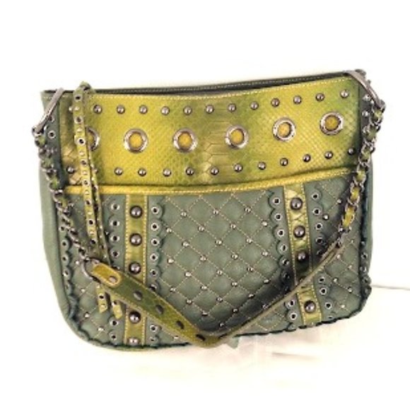 Sharif Snake Metal Green and Gray Leather Shoulder Bag - Picture 4 of 11